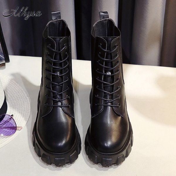 

2020 new winter women's boots fashion mid calf square-heel lace-up boots round head mid-heel women's pu zapatos de mujer, Black