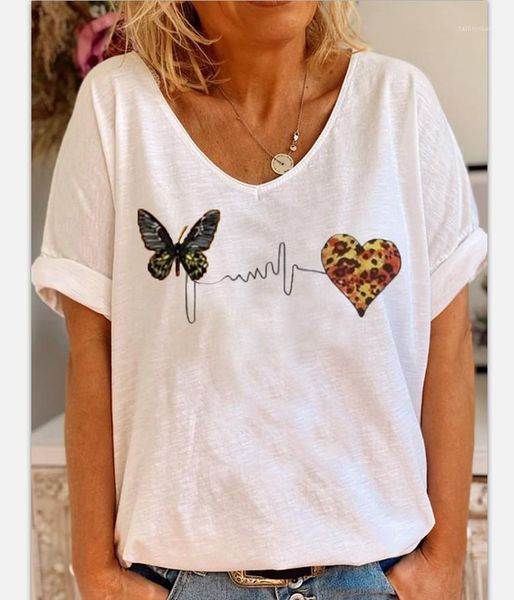 

short sleeve v neck casual ol style female clothing casual ladies designer tshirts butterfly printed, White
