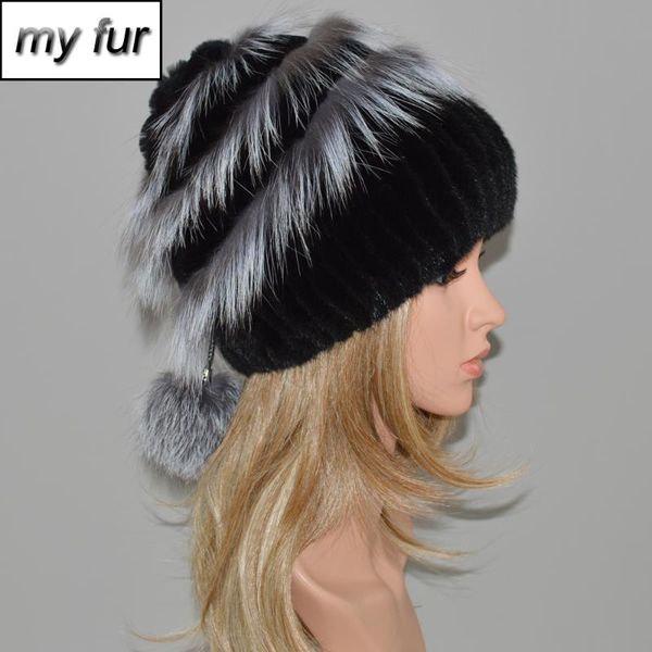 

2020 new natural hat women winter warm knitted 100% real sliver fur cap quality lady real beanies hats, Blue;gray
