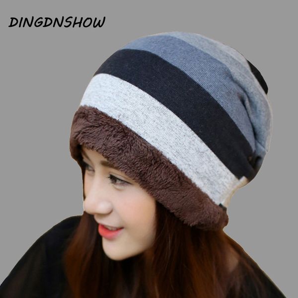 

dingdnshow] brand beanies hat cotton winter cap women 2020 knitted hat warm skullies stripe ladies, Blue;gray
