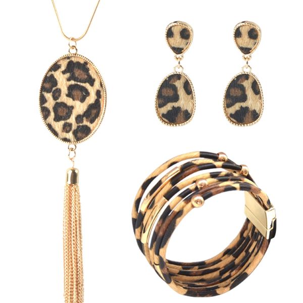 

3 piece leopard print jewellery set leopard bracelet necklace earring set fashion y necklace pendant tassel lea, Silver