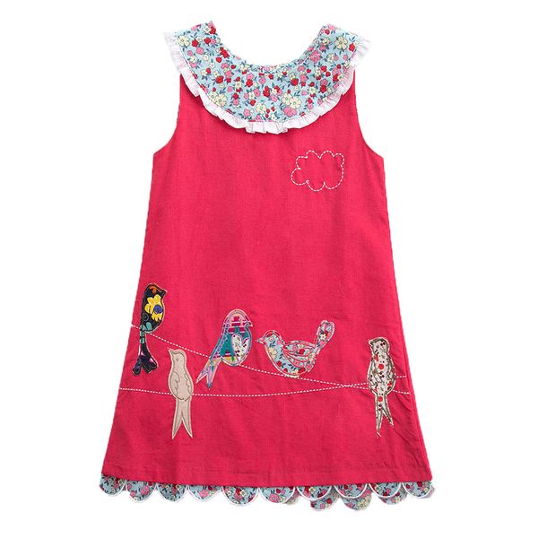 

embroidered cotton dress summer new button for girls wearing sleeveless, Red;yellow