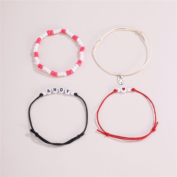 

10sets/lot fashion acrylic beaded chain women letter hand ornaments four pieces love smile bracelets wax line adjustable bracelet jewelry, Black