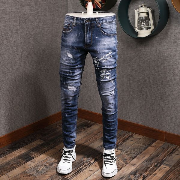 

american streetwear fashion men jeans elastic slim fit ripped jeans men printed designer pants hip hop homme, Blue