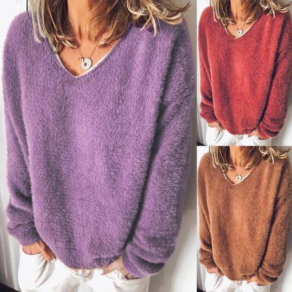 

elegant solid color sweaters autumn winter solid color plush fluffy loose sweater pullover blouse knitted sweater 4xl, White;black