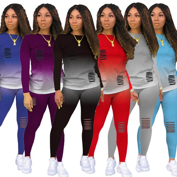 

women tracksuits two pieces set gradient color flower burning and hole breaking long sleeve pants ladies new fashion casual sportwear 2020, White
