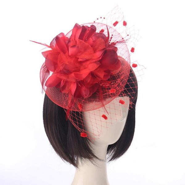 

red feather hat elegant lady cap mesh hat flower cocktail party fascinators hats for girls and women party supplies