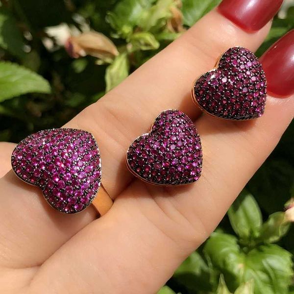 

luxury heart stud earring adjustable ring jewelry sets full pave colorful cubic zircon bohemia bride wedding fashion jewelry set, Silver