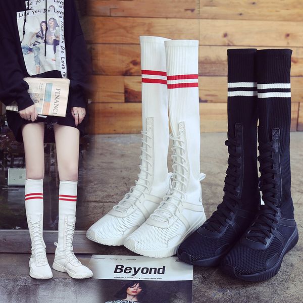 

boots 2021 style long tube socks shoes soft soles comfortable elastic women's fashion casual sports, Black