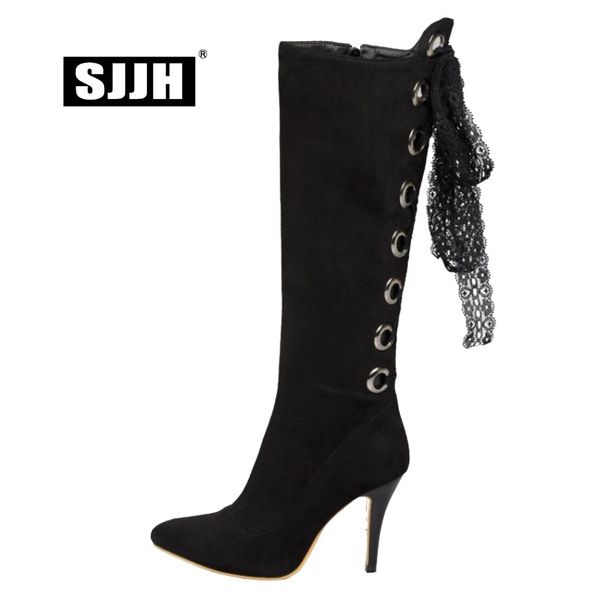 

boots sjjh women stiletto long riding with point toe flock plush riband knee-high fashion roman shoes large size q351, Black