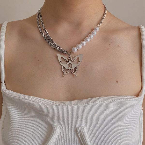 

pendant necklaces non-fading stainless steel butterfly necklace for women men pearl chain choker party festival fashion accessories gift, Silver