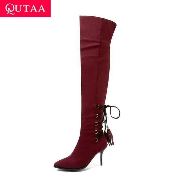 

qutaa 2021 over the knee women boots winter flock lace up zipper women shoe thin high heel pointed toe long boots size34-43, Black
