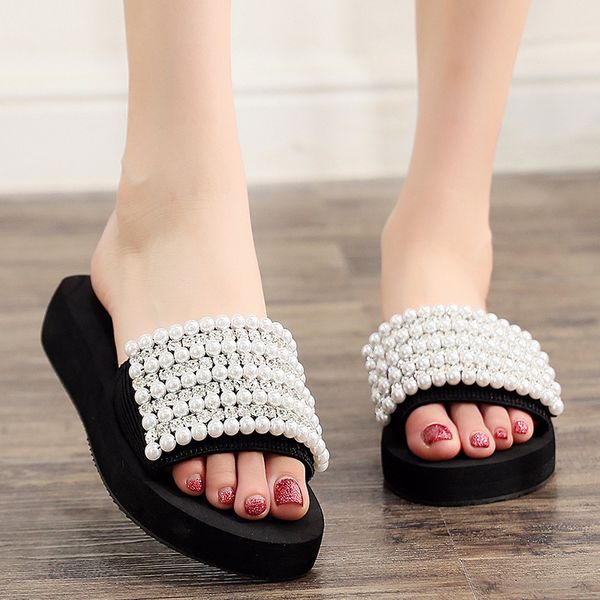 

pearl beading platform slippers women bling crystal flip flops girl's beauty summer beach slides shoes wedges sandalias 42ns116, Black