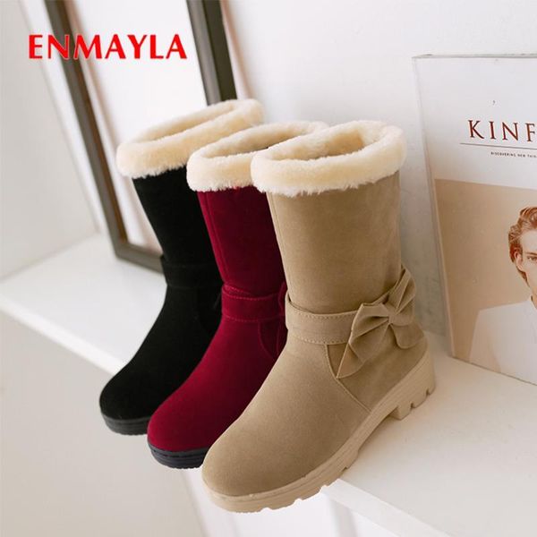 

enmayla hoof heels round toe snow boots cow suede mid-calf slip-on winter boots short plush solid pu women shoes butterfly-knot, Black