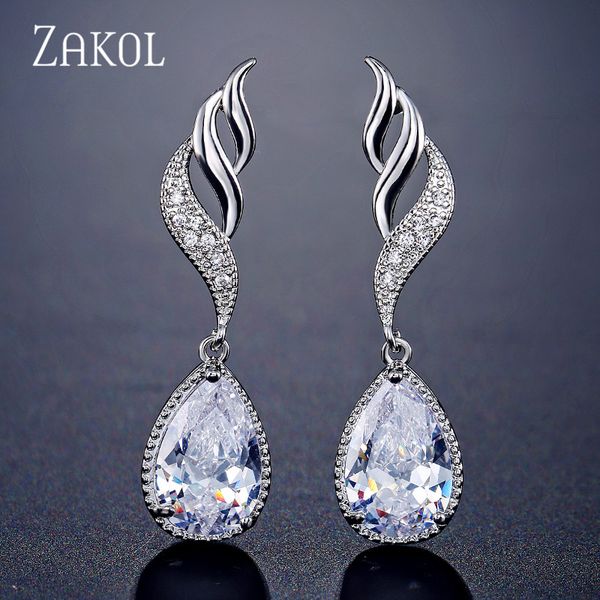 

zakol romantic bridal wedding jewelry for elegant women fashion water drop cubic zircon leaf dangle earrings fsep2251, Silver