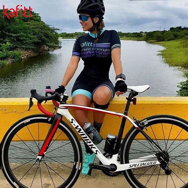 

kafipro team triathlon suit women short sleeve cycling jersey skinsuit jumpsuit maillot cycling clothing setgel, Black;blue