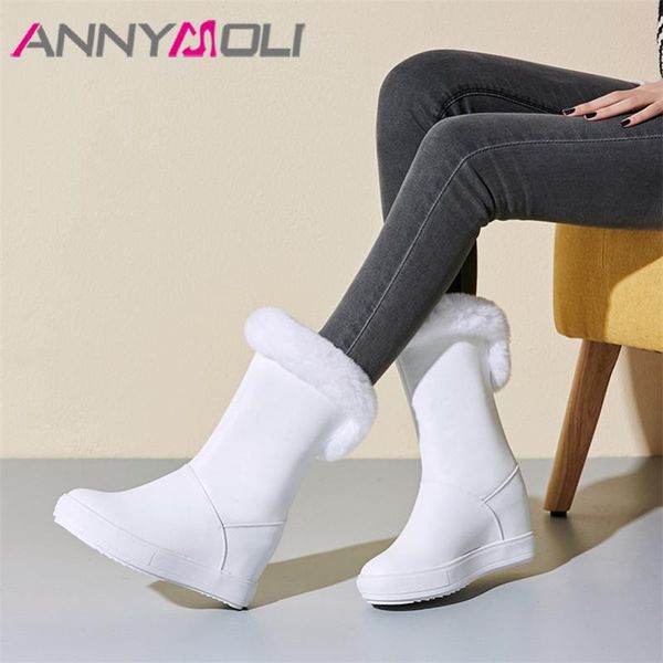 

annymoli winter snow boots women real fur height increasing high heels ankle boots warm plush round toe shoes female size 34-39, Black