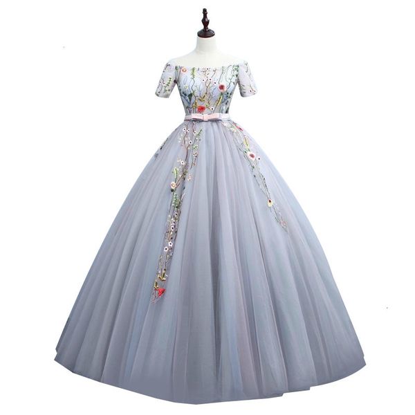 

party dresses evening dress bride banquet elegant gray lace flower boat neck floor-length ball gown custom prom, White;black
