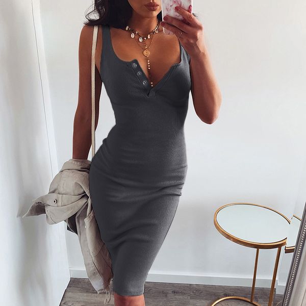 

women club dresses fashion solid color sleeveless bodycon dresses womens casual party knit dress knee-length spaghetti strap, Black;gray