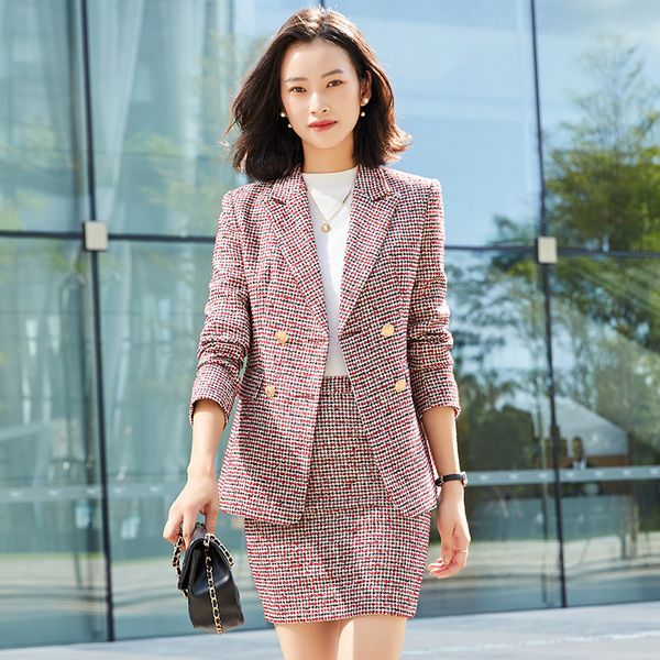 

two piece dress izicfly autumn winter style red plaid 2 set women long blazer and skirt suit office business work wear, White