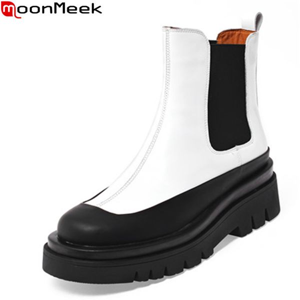 

moonmeek 2020 new arrival women boots genuine leather ankle boots fashion thick heels square toe mixed colors ladies shoes, Black