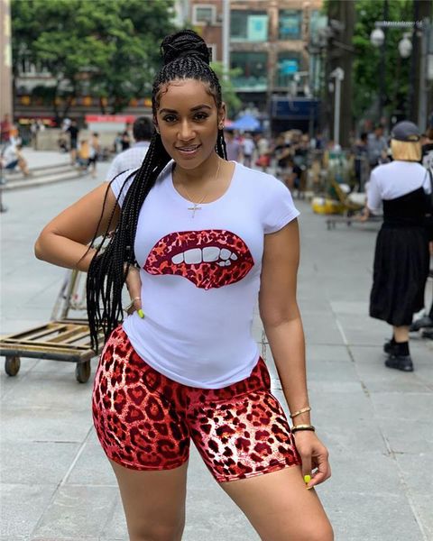 

lips short sleeve womens 2pcs set casual sport female clothing leopard printed women tracksuit summer panelled, Gray