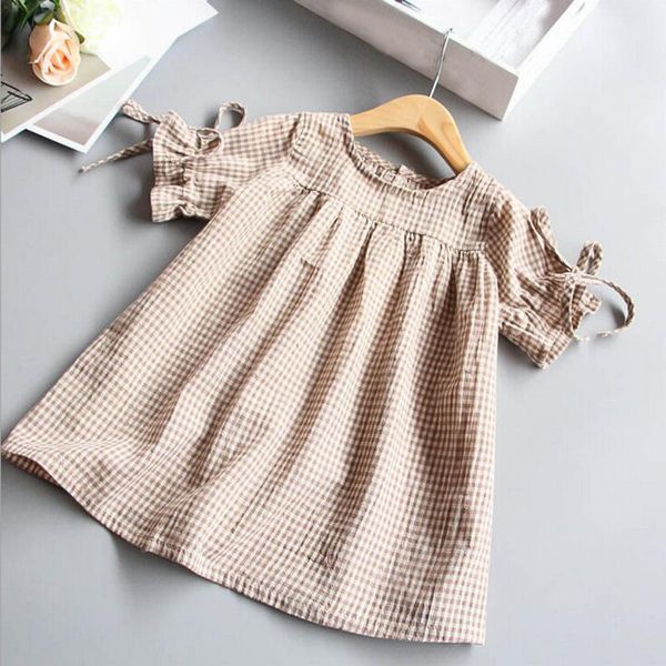 

plaid summer dresses girls clothes bowknot short sleeve kids dresses for girls vintage clothing casual princess for kid, Red;yellow