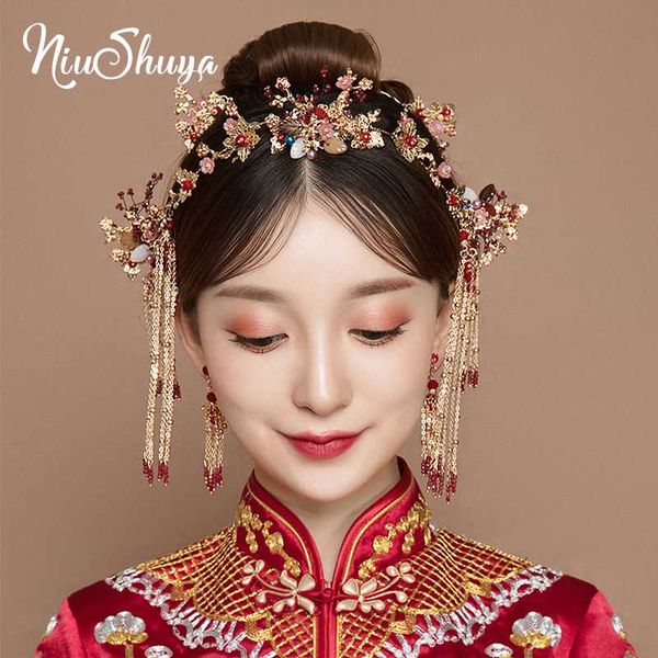 

hair clips & barrettes niushuya vintage retro chinese bridal hairpins red beaded gold headdress comstume hanfu wedding accessories jewelries, Golden;silver