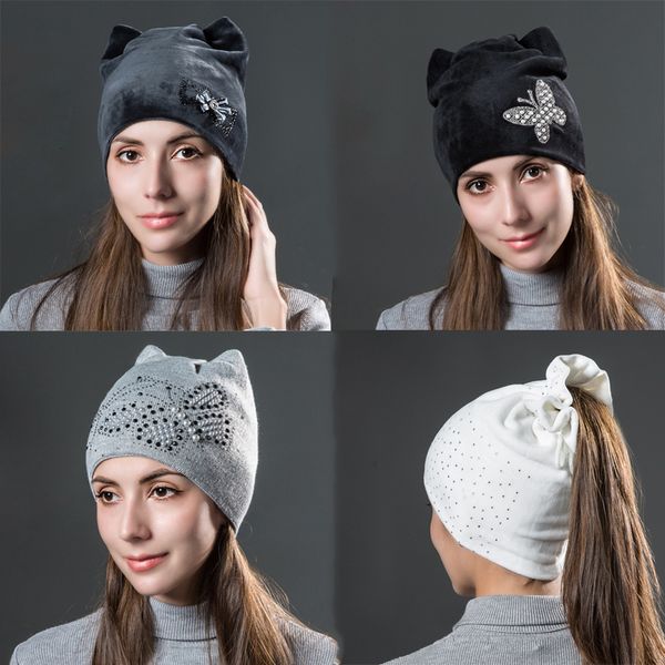 

beanie/skull caps women tied hair hat fashion cute cat ears hats butterfly with flower beanies winter warm velvet cotton cap for, Blue;gray