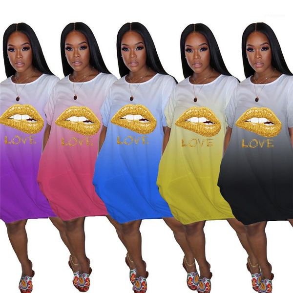 

dresses fashion gradient color o neck short sleeve loose dresses women dropshipping clothing lips pattern women, White;black