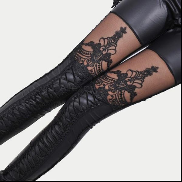 

женщины панк черный поддельная кожа готических кружева шить legging повязка цветочных леггинсы леди тонкий капри кожаные штаны имитации, Black