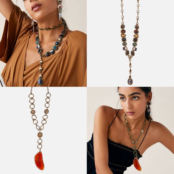 

jujia bohemian statement necklace for women vintage ethnic natural stone collar chokers maxi long necklace bijoux 2020, Golden;silver
