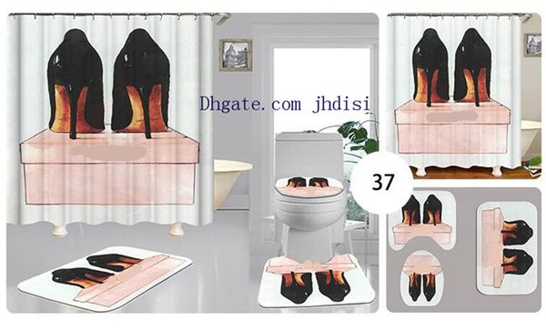 

women high-heeled shoes print curtain vintage girl shower room decorate curtain designs floor non-slip mat 4 pieces sets