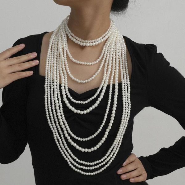 

kmvexo 2020 new fashion exaggerated multi layer pearl strand necklaces for women handmade long tassel wedding jewelry necklace, Silver
