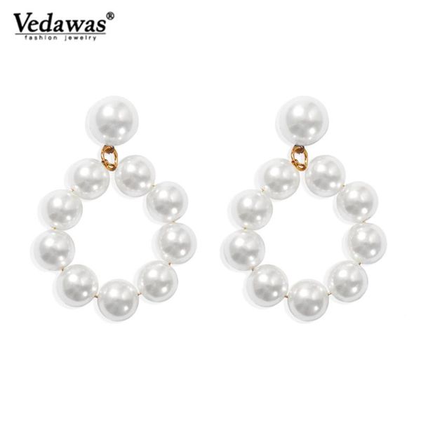 

vedawas bohemia classic charm trendy pearl round dangle drop earrings for women statement simple texture elegant party jewelry, Golden;silver