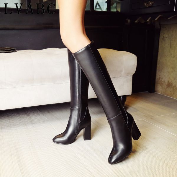 

women's fashion boots knee high tube slim boots solid color riding ladies elegant side zipper comfortable large size, Black