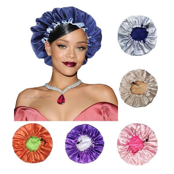 

solid color home cap night sleep caps double layer satin silky hair bonnet with elastic rope adjustable buckle tb-133, Blue;gray