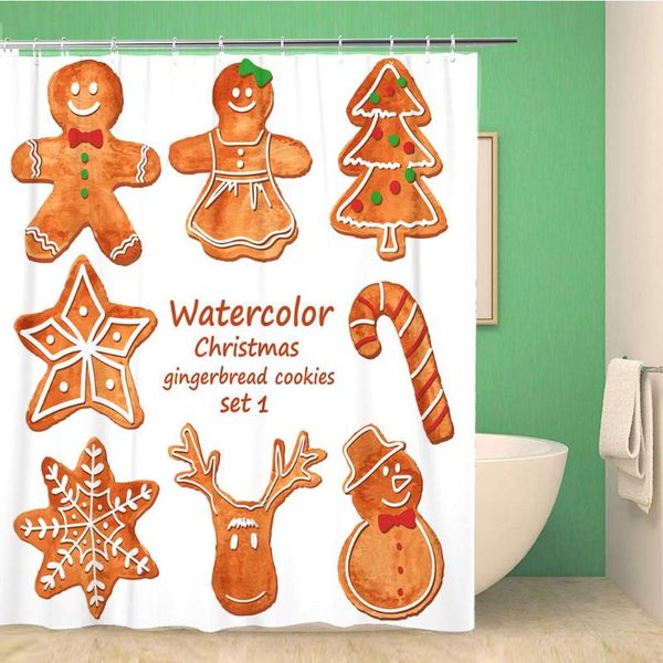 

shower curtain funny watercolor christmas gingerbread cookies brushes building candy eve city cocoa 72x72 inches waterproof