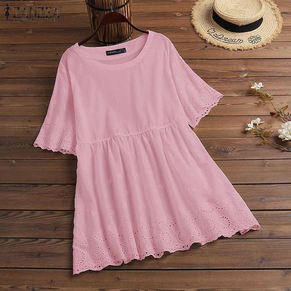 

zanzeawomen summer blouse cotton tunic embroidery casual loose holiday crewneck 2020 short sleeve solid tee shirt plus size, White