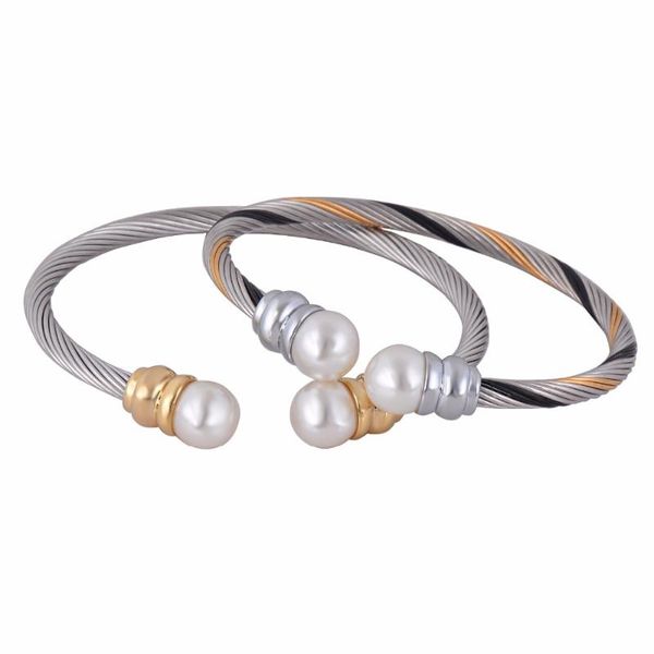 

womens elastic adjustable stainless steel jewelry 3 tone plating twisted cable cuff pearl bangle bracelet, Black