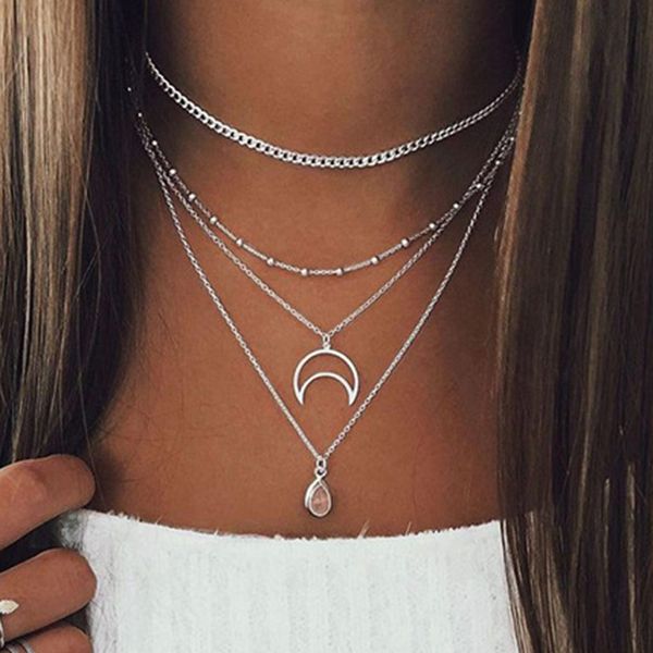 

bohemian hollow moon water drop crystal pendant necklace women vintage geometric beads chains necklace jewelry kolye yn1133, Silver