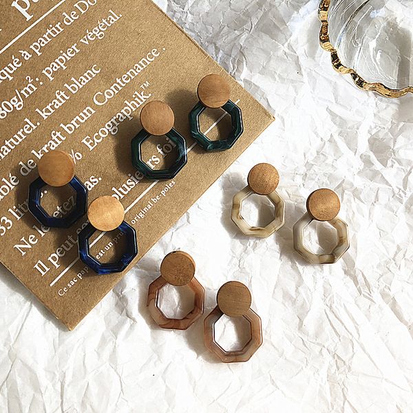 

ujbox 2020 new wood resin earrings women geometric polygonal stud earrings multicolor winter party statement, Golden;silver