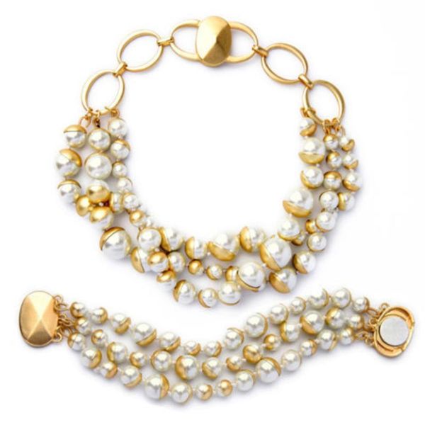 

elegant ladies jewelry set imitation pearl beaded necklace with bracelet magnet clasp chunky, Silver