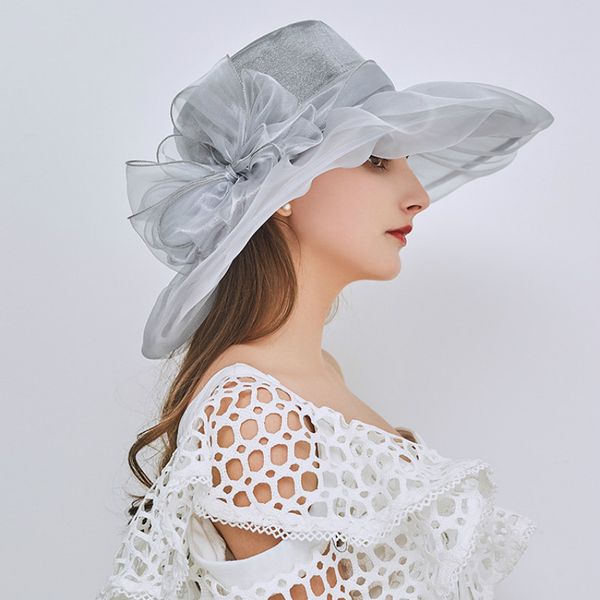 

wide brim hats sun protection hat women flower net yarn retro elegant double layer shade cap folding girl summer caps h6525, Blue;gray