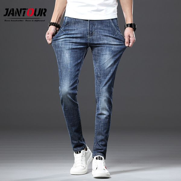 

jantour new mens pencil pants fashion men casual slim fit straight stretch feet skinny zipper jeans for male sell trousers, Blue