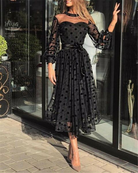 

casual dresses women dress polka dot ladies long sleeve party vadim midi autumn pleated vestidos sundress plus size robe femme, Black;gray