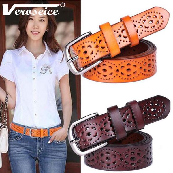 

[veroseice] genuine leather women belt cowhide punched strap all match jeans female waist belts for women high quality, Black;brown