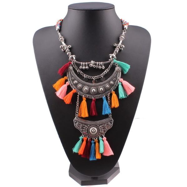 

2020 new design bead chain colorful tassel necklace vintage alloy chunky statement pendant women necklace wholesale, Silver