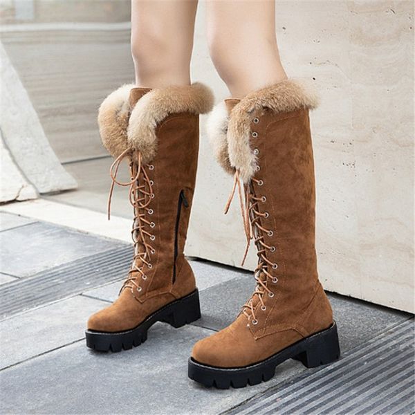 

pxelena fur snow boots women winter warm shoes thick med heels lace up riding knight combat punk knee high boots, Black