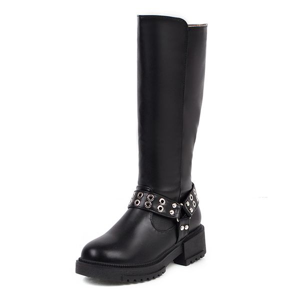 

large size 34-43women knee high boots buckle with zip retro women's motorcycle boots thick fur warm winter snow, Black